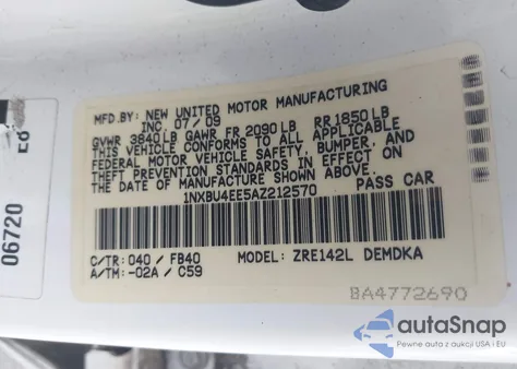 2010 Toyota Corolla z USA, uszkodzony, nr VIN 1NXBU4EE5AZ212570